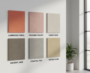 A wall display of six textured plaster paint color swatches for interior design inspiration.