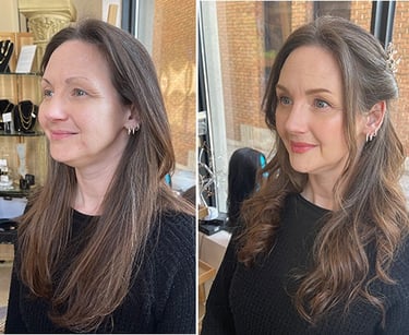 Before and after picture of a makeup makeover client