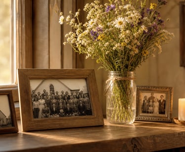 Vintage family photos and wildflowers in a mason jar on a rustic wooden windowsill with a lit candle