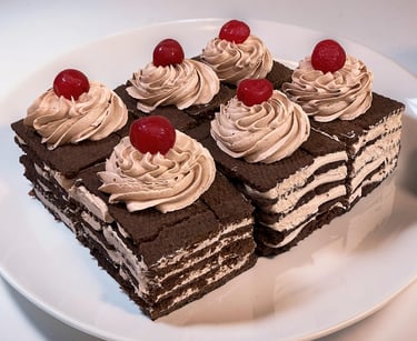 Miniature black forest cake slices with whipped chocolate cream and red cherries on a white plate.