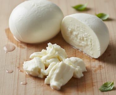 Fresh mozzarella cheese: a whole ball, a cut half, and torn pieces, with basil leaves on a wooden board.