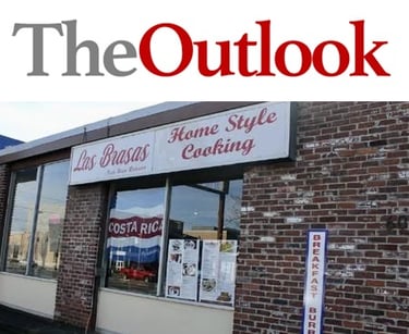 Gresham Outlook newspaper logo over Las Brasas restaurant