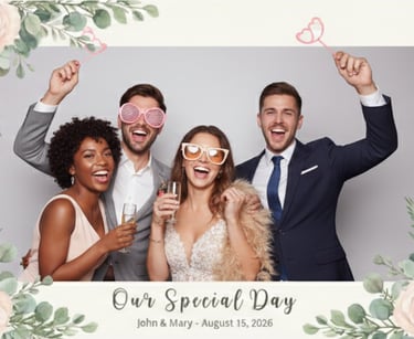 Friends celebrate at a wedding photo booth with floral border, fun props, and champagne.