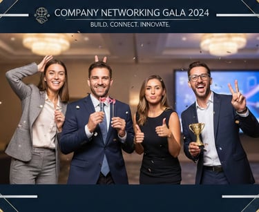 Smiling business professionals celebrating at a company networking gala with awards and photo booth props.