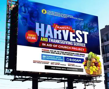 Large outdoor billboard advertising The Methodist Church Ghana annual harvest and thanksgiving service event.