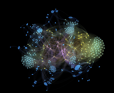 a network of many gene expression with nodes and edges colored by gene ontological grouping