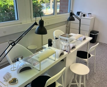 a desk with a lamp and a lamp on it