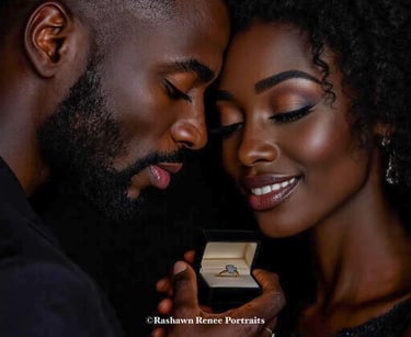 a man and woman holding a ring in front of a black background