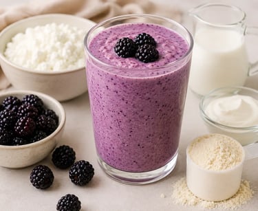 A high protein blackberry smoothie in a glass with protein powder, cottage cheese, and fresh berries.
