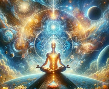 a person sitting in lotus position in front of a large image of a man with