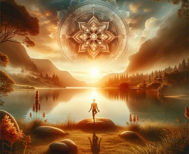 a person standing in front of a lake with a sun setting