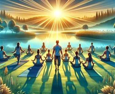 a group of people doing yoga in a field