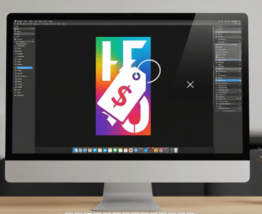 Stylish digital art piece on a computer screen with a price tag symbol.