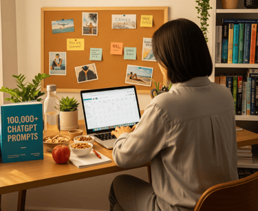 A home office setup showing a laptop, a book, a yoga mat, and healthy snacks.