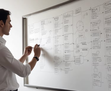 A thoughtful founder reviewing a clear, hand-drawn business strategy on a whiteboard.