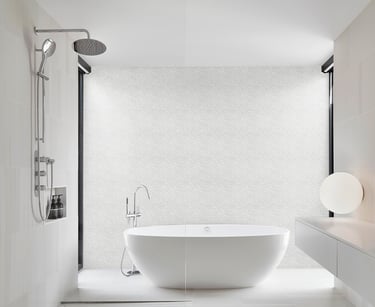 a bathtub with a large tub in the middle of a bathroom, white mosaic on the background wall