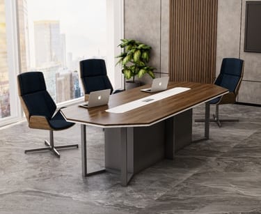 a conference table with chairs and a tv