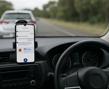 Inside a car with a phone mounted to the dash. Phone has Blinker app on the screen