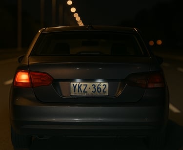 Rear of a car with one light on at night