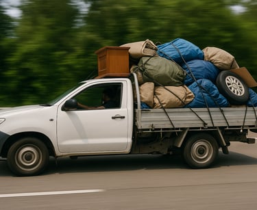 Utility vehicle with a full load on the back driving down the road