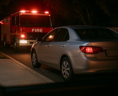 Car clocking a driveway with a fire engine trying to get in