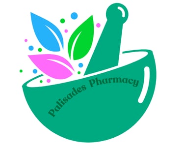 Leaves and dots in pink, blue and green, and a pestle in a mortar labeled Palisades Pharmacy