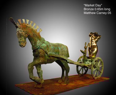 a horse drawn carriage with a rabbit driving a sculpture to market
