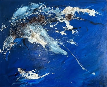 Peinture abstraite de Caroline Blanc artiste peintre tons bleus ocres terres en reliefs