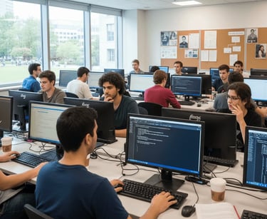 Students learning computer basics with multiple desktop systems in a training lab