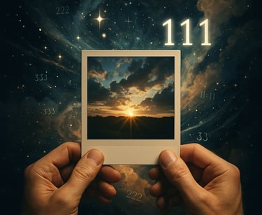 2 hands holding a polaroid photo. In the background a dark blue sky with repeating numbers like 11:11