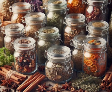 variety of preserved herbs and dried fruits in glass jars