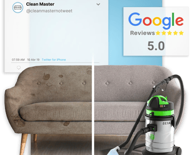 antes e depois de sofá limpo e higienizado ao lado do equipamento de limpeza