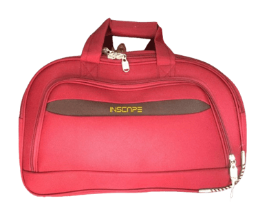 a red duffle  bag with a inscape logo on it