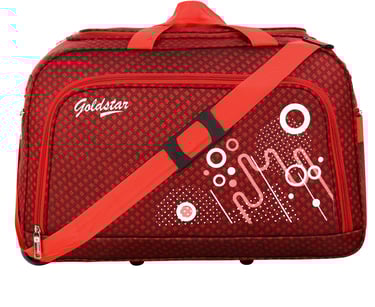 red duffle wheeler bags with print design on it