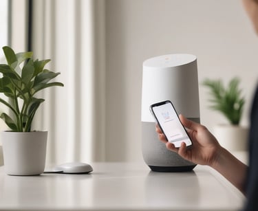 A wooden mailbox designed like a small house is mounted on a wall. The box has a pitched roof and a slot for mail. Pink and red flowers are blurred in the foreground, adding a touch of color. A wooden door and green leaves frame the background.