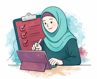 Illustration of a smiling Muslim woman in a hijab scheduling appointment for therapy