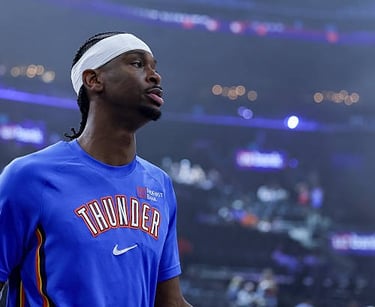 Shai Gilgeous-Alexander #2 of the Thunder warms up before an NBA game vs. L.A. Clippers on 4/8/26 in Inglewood, CA