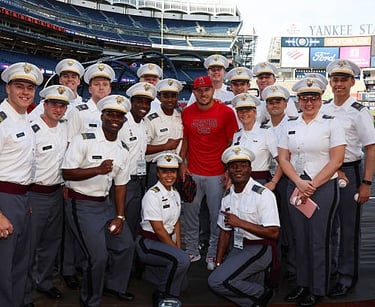Apr 14 Mike Trout of the L.A. Angels & U.S. Military Academy cadets pose for a photo before game between the Angels & Yankees