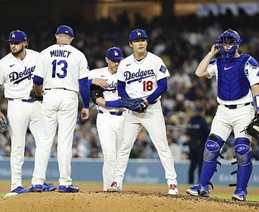 Dodgers Yoshinobu Yamamoto (18) is pulled from the mound during the 8th inning of a game vs. NY Mets in L.A. (apr.14/26)