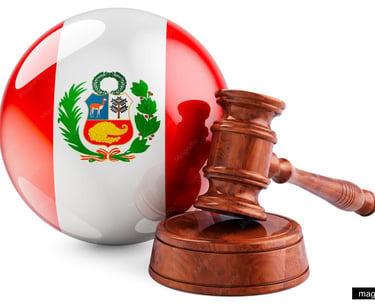 A glossy Peru flag sphere next to a wooden judge gavel, symbolizing the Peruvian legal system.