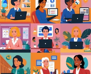 Diverse professional women working on laptops in colorful home office settings.