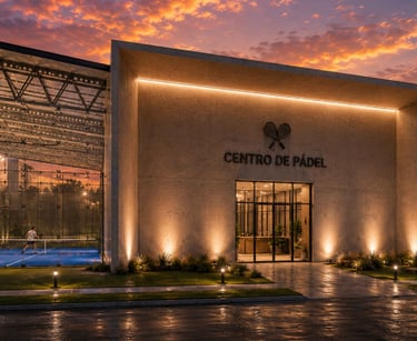 Modernas instalaciones del Centro de Pádel con pistas acristaladas y atletas jugando al atardecer.