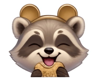 Cute 3D smiling raccoon emoji with golden mouse ears on a black background.