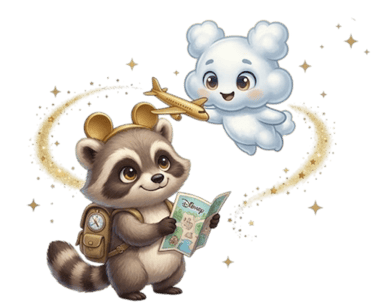 Cute raccoon wearing Mickey Mouse ears reads a Disney map with a happy cloud character and magic gold stars.