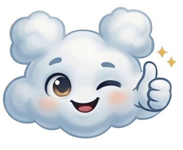 Cute fluffy cloud character winking and giving a thumbs up on a black background.