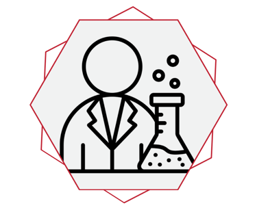 Ícone de cientista com jaleco ao lado de um frasco de laboratório, simbolizando pesquisa e ciência