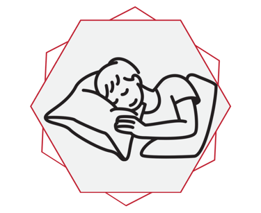 Pessoa dormindo tranquila em um travesseiro, dentro de um hexágono com contorno vermelho