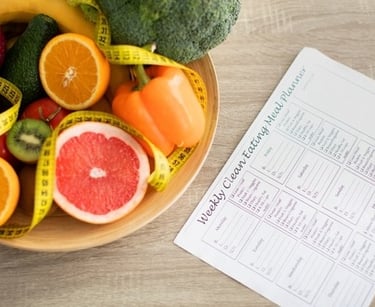 a bowl of fruit and vegetables with a measuring tape 