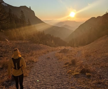 a person walking down a path in the mountains