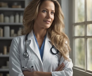 a woman in a lab coat and a stethrobe
